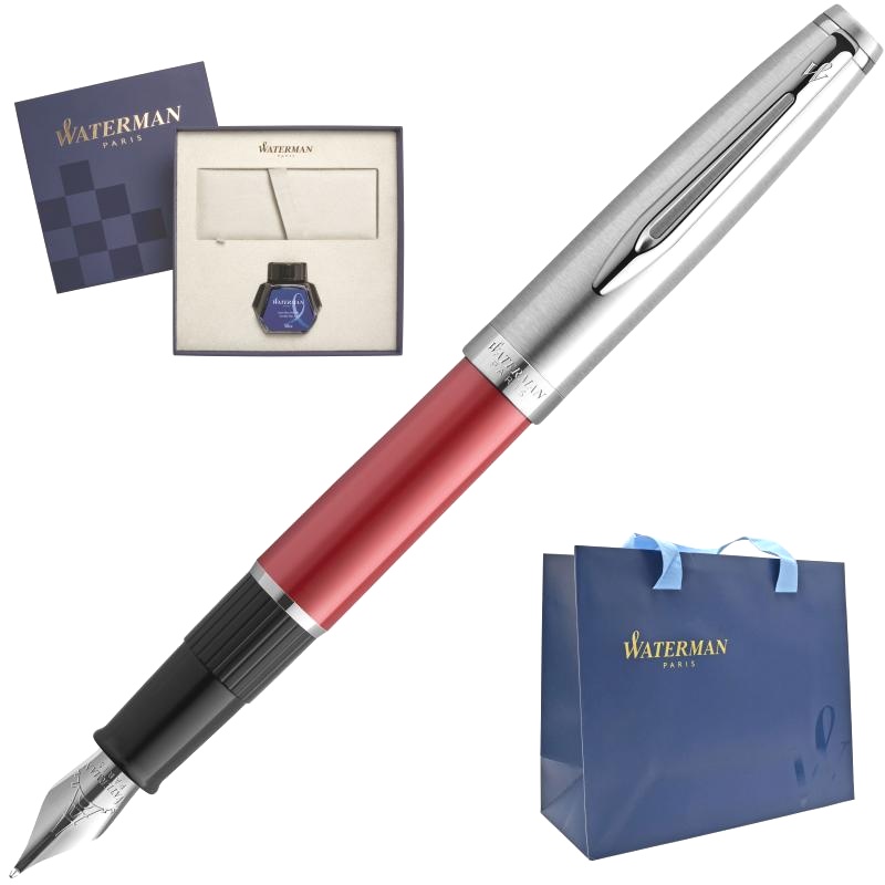 Набор: Ручка перьевая Waterman Embleme, Red CT (Перо F) + Подарочная коробка с синим флаконом чернил Waterman